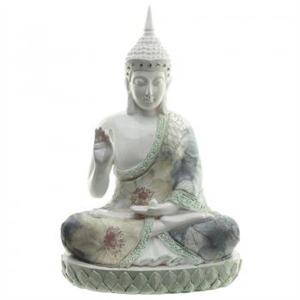 Buddha 301 Spirituel Focus siddende hvid polyresin med lime og stof h28cm - Se Buddha figurer